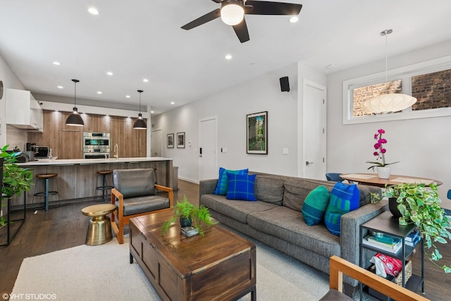 2224 N Seeley Ave Unit 2, Chicago, IL 60647 - living area with recessed lighting, dark wood-style floors, and ceiling fan