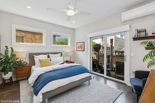 2224 N Seeley Ave Unit 2, Chicago, IL 60647 - bedroom featuring an AC wall unit, access to exterior, wood finished floors, recessed lighting, and ceiling fan