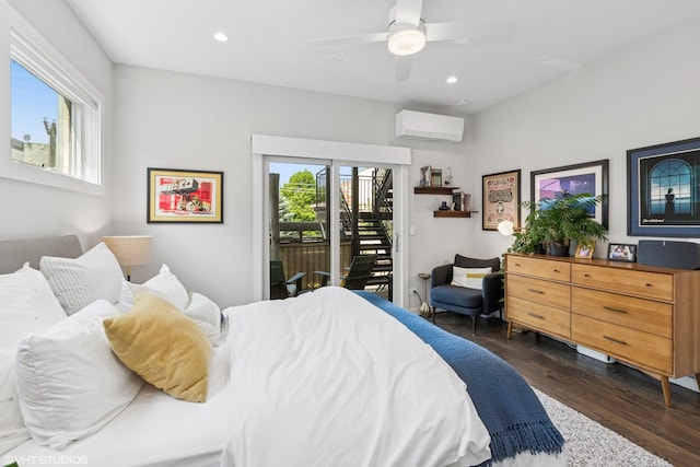 2224 N Seeley Ave Unit 2, Chicago, IL 60647 - bedroom with a wall mounted AC, access to exterior, dark wood-style floors, recessed lighting, and ceiling fan