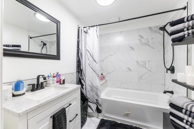 7740 Monitor Ave, Burbank, IL 60459 - bathroom featuring marble finish flooring, shower / bath combo with shower curtain, and vanity