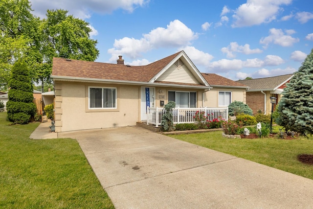 7740 Monitor Ave, Burbank, IL 60459 - ranch-style house featuring covered porch, a front yard, stucco siding, a chimney, and concrete driveway