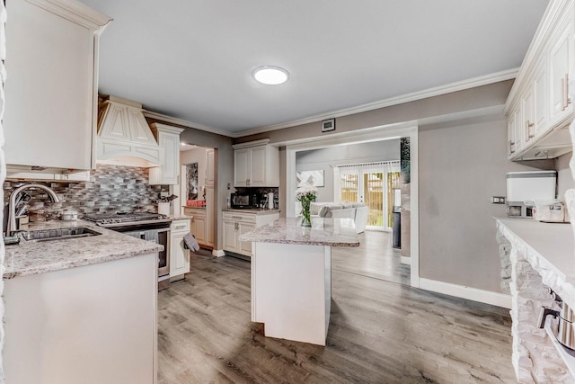 7740 Monitor Ave, Burbank, IL 60459 - kitchen with stainless steel stove, crown molding, premium range hood, decorative backsplash, and light wood-style floors
