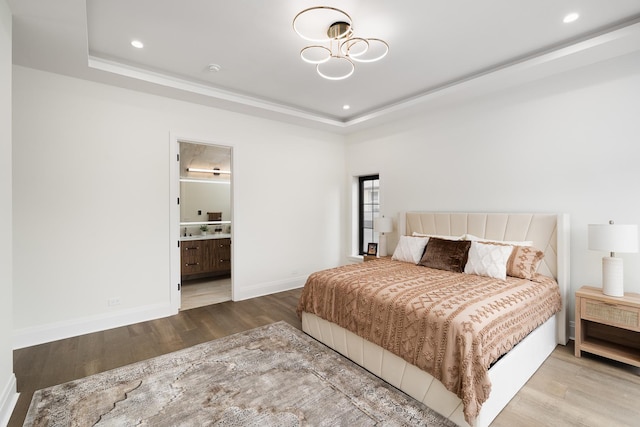 1847 Dexter Ln, Des Plaines, IL 60018 - bedroom with wood finished floors, a raised ceiling, recessed lighting, a chandelier, and ensuite bathroom
