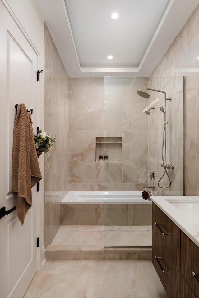 1847 Dexter Ln, Des Plaines, IL 60018 - full bath featuring tiled shower, vanity, recessed lighting, and a tray ceiling