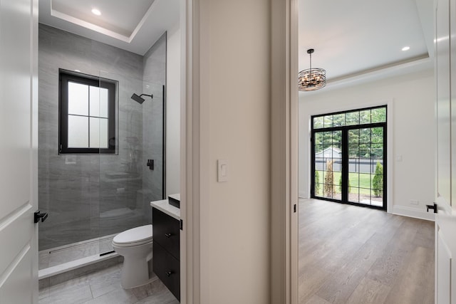1847 Dexter Ln, Des Plaines, IL 60018 - full bath featuring a stall shower, vanity, a chandelier, a raised ceiling, and recessed lighting