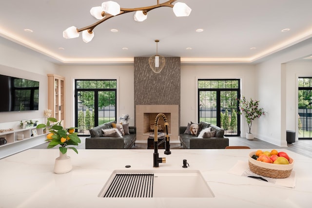 1847 Dexter Ln, Des Plaines, IL 60018 - living area featuring a large fireplace, a raised ceiling, wood finished floors, and recessed lighting
