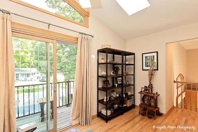 702 W Broadway St, Mchenry, IL 60051 - doorway featuring light wood finished floors, a skylight, and vaulted ceiling