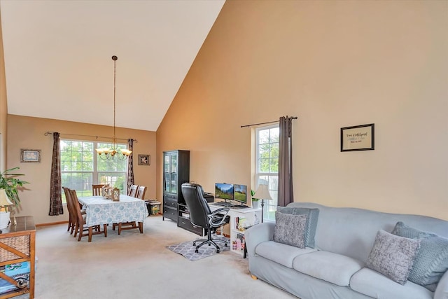 5692 W Roosevelt St, Monee, IL 60449 - office space featuring a chandelier, high vaulted ceiling, light carpet, and plenty of natural light
