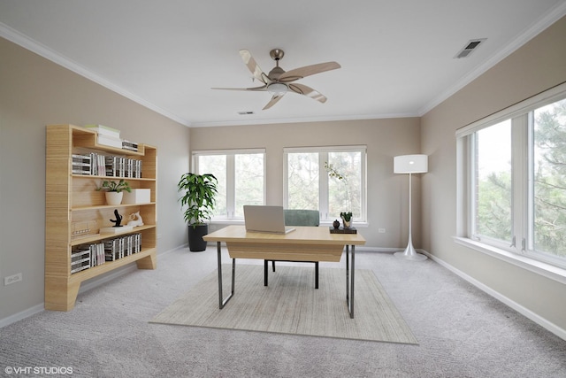 800 Weidner Rd Unit 307, Buffalo Grove, IL 60089 - office area with light colored carpet, plenty of natural light, a ceiling fan, and crown molding