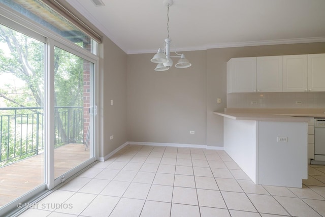 800 Weidner Rd Unit 307, Buffalo Grove, IL 60089 - kitchen with a chandelier, light countertops, crown molding, white cabinets, and tasteful backsplash