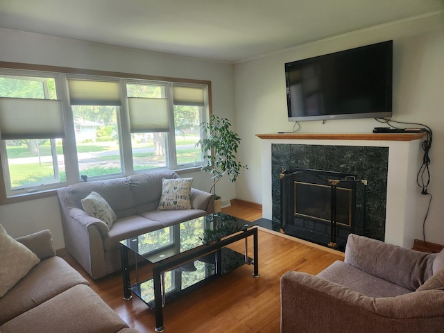 109 S Elm St, Palatine, IL 60067 - living room featuring wood finished floors, a high end fireplace, and crown molding