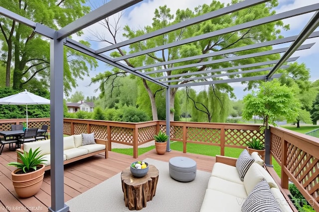 4321 Bay View Dr, Crystal Lake, IL 60014 - wooden deck with outdoor lounge area, a pergola, and outdoor dining area