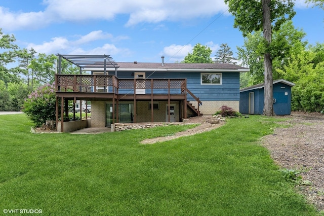 4321 Bay View Dr, Crystal Lake, IL 60014 - rear view of property featuring a deck, stairs, brick siding, a yard, and a shed