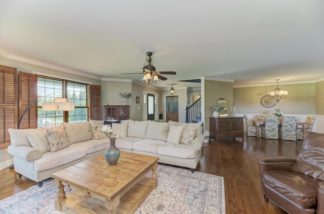 26 Carriage House Ln, Orland Park, IL 60467 - living area with stairs, ornamental molding, a chandelier, wood finished floors, and a ceiling fan