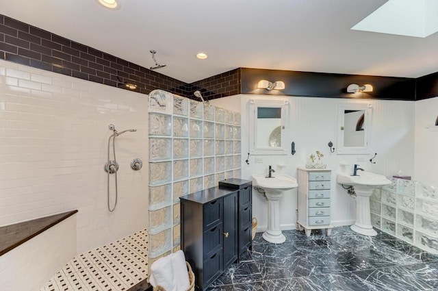26 Carriage House Ln, Orland Park, IL 60467 - bathroom featuring walk in shower, two sinks, marble finish flooring, and recessed lighting