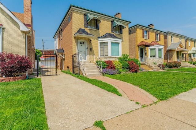 1820 Maple Ave, Berwyn, IL 60402 - view of front facade featuring a gate, a front yard, brick siding, a chimney, and a residential view