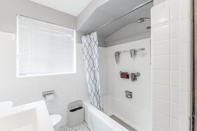 1820 Maple Ave, Berwyn, IL 60402 - full bath with shower / bath combination with curtain, tile walls, tile patterned flooring, vaulted ceiling, and vanity