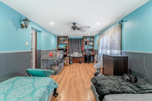 1820 Maple Ave, Berwyn, IL 60402 - bedroom featuring light wood-style flooring, ornamental molding, wood walls, recessed lighting, and a ceiling fan