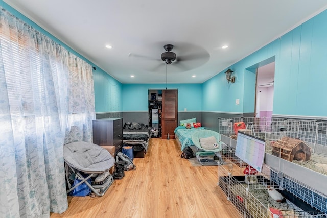 1820 Maple Ave, Berwyn, IL 60402 - bedroom featuring wood finished floors, wainscoting, ceiling fan, and recessed lighting