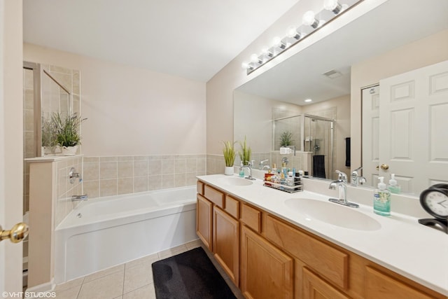 142 W Park Ave Unit C, Sugar Grove, IL 60554 - bathroom with tile patterned flooring, a stall shower, double vanity, and a bath