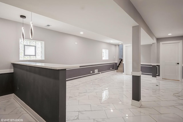11616 S Lowe Ave, Chicago, IL 60628 - bar area with light marble finish floors, recessed lighting, stairs, and decorative light fixtures