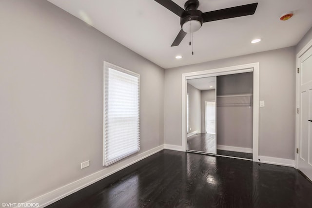 11616 S Lowe Ave, Chicago, IL 60628 - unfurnished bedroom with wood finished floors, multiple windows, recessed lighting, a closet, and a ceiling fan