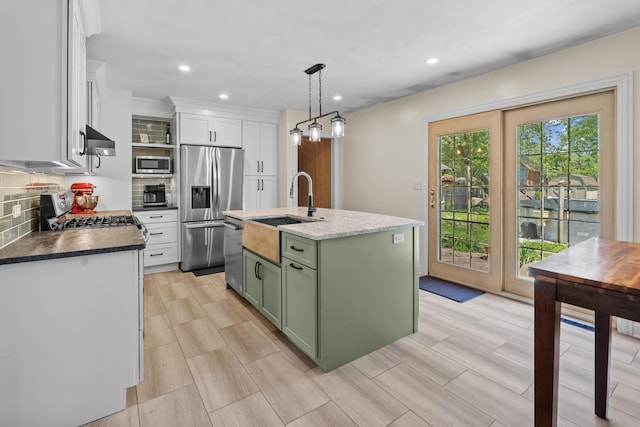 277 Mcmillan St, Grayslake, IL 60030 - kitchen featuring green cabinetry, appliances with stainless steel finishes, tasteful backsplash, white cabinetry, and recessed lighting