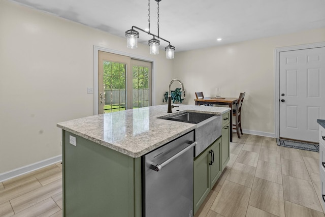 277 Mcmillan St, Grayslake, IL 60030 - kitchen with dishwasher, green cabinetry, a center island with sink, pendant lighting, and recessed lighting