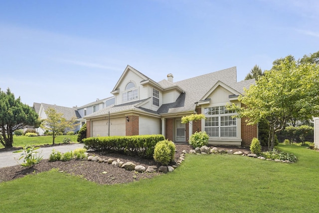 1678 Penny Ln, Bartlett, IL 60103 - view of front of home with asphalt driveway, brick siding, a front lawn, a chimney, and roof with shingles