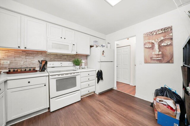 210 Diane Ln, Bolingbrook, IL 60440 - kitchen featuring white appliances, dark wood-type flooring, tasteful backsplash, and white cabinets