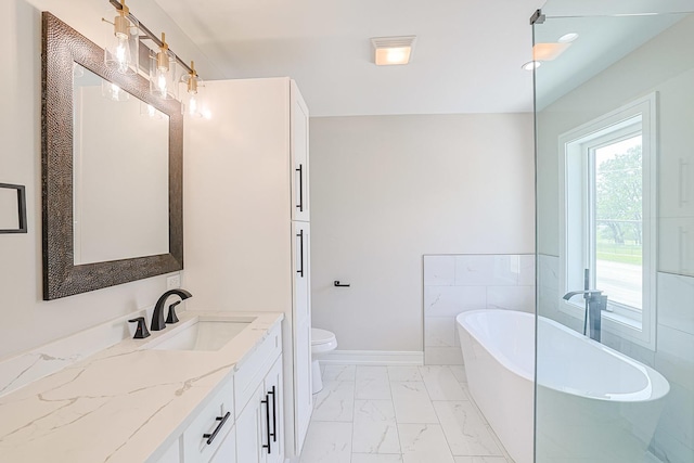 7948 W 74th Ave, Bridgeview, IL 60455 - bathroom featuring marble finish flooring, vanity, and a freestanding bath