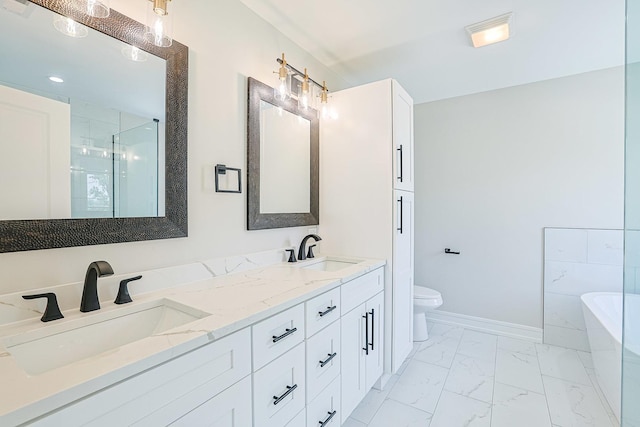 7948 W 74th Ave, Bridgeview, IL 60455 - full bath with marble look tile flooring, a freestanding tub, double vanity, and a stall shower
