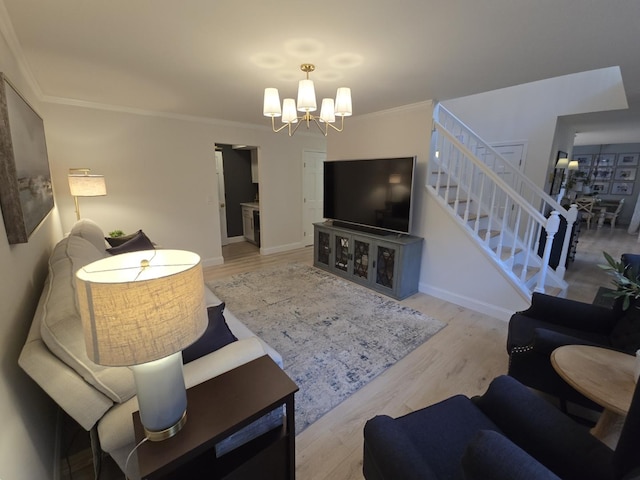 1530 Laurel Oaks Dr, Streamwood, IL 60107 - living area with stairs, a chandelier, wood finished floors, and crown molding