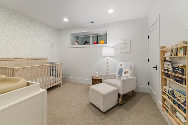 1304 N Hoyne Ave Unit 1, Chicago, IL 60622 - bedroom featuring carpet, a nursery area, recessed lighting, and wallpapered walls