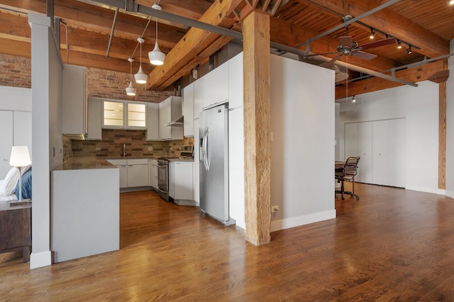 400 S Green St Unit 406, Chicago, IL 60607 - kitchen featuring appliances with stainless steel finishes, a wooden ceiling with exposed beams, tasteful backsplash, a ceiling fan, and dark wood-style floors