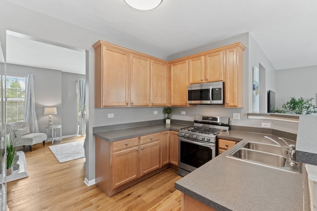 3072 Bridgeham St, Elgin, IL 60124 - kitchen featuring stainless steel appliances, light brown cabinetry, light wood-style flooring, dark countertops, and a peninsula