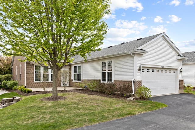 2929 Portage St, Naperville, IL 60564 - ranch-style house featuring brick siding, driveway, a shingled roof, a front yard, and a garage