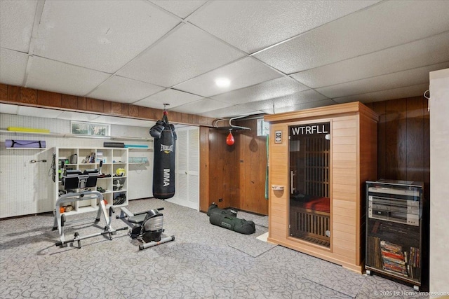 9122 S Avers Ave, Evergreen Park, IL 60805 - exercise area with carpet floors, wooden walls, and a paneled ceiling
