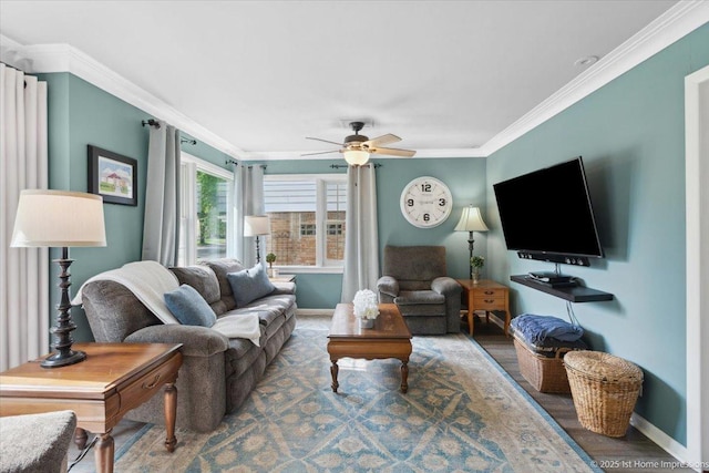 9122 S Avers Ave, Evergreen Park, IL 60805 - living room with ornamental molding, a ceiling fan, and wood finished floors