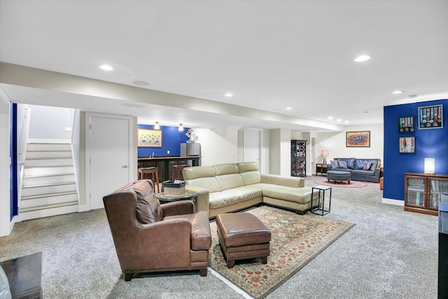 2955 E Stone Creek Blvd, Urbana, IL 61802 - living room featuring carpet floors, bar, recessed lighting, and stairway