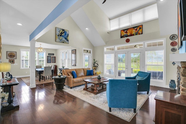 2955 E Stone Creek Blvd, Urbana, IL 61802 - living area with french doors, dark wood-type flooring, recessed lighting, a towering ceiling, and a chandelier