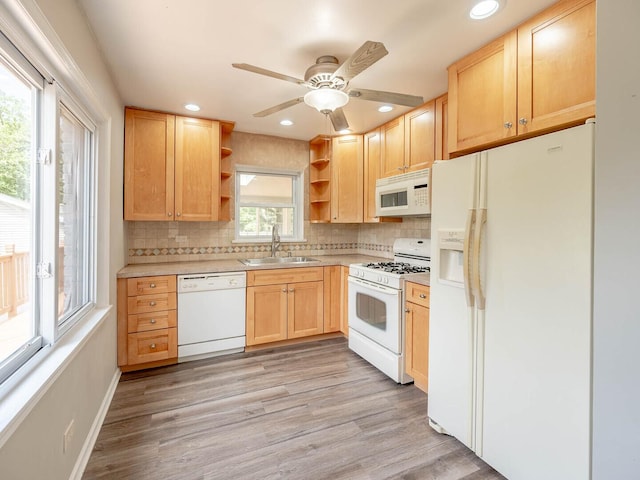 566 Glendale Ave, Wheaton, IL 60137 - kitchen featuring white appliances, open shelves, light brown cabinetry, tasteful backsplash, and recessed lighting
