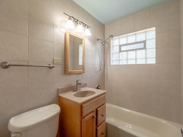 566 Glendale Ave, Wheaton, IL 60137 - full bathroom with tile walls, bathtub / shower combination, vanity, and decorative backsplash