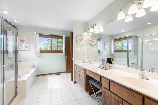 8025 Kirkcaldy Ct, Palos Heights, IL 60463 - bathroom featuring a garden tub, double vanity, healthy amount of natural light, and a stall shower