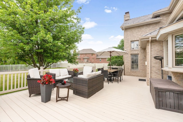 8025 Kirkcaldy Ct, Palos Heights, IL 60463 - wooden terrace with a fenced backyard, outdoor dining area, and an outdoor hangout area