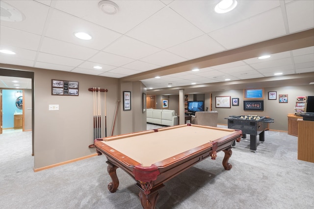 8025 Kirkcaldy Ct, Palos Heights, IL 60463 - recreation room featuring light carpet, billiards table, a drop ceiling, and recessed lighting