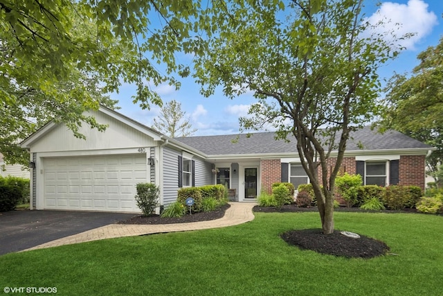0N480 Winfield Scott Dr, Winfield, IL 60190 - ranch-style house with an attached garage, asphalt driveway, a front yard, brick siding, and roof with shingles