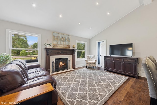 0N480 Winfield Scott Dr, Winfield, IL 60190 - living room featuring dark wood-style flooring, recessed lighting, a fireplace with flush hearth, and high vaulted ceiling