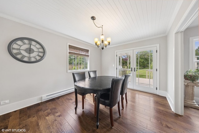 0N480 Winfield Scott Dr, Winfield, IL 60190 - dining area featuring baseboard heating, a chandelier, french doors, ornamental molding, and dark wood-style flooring
