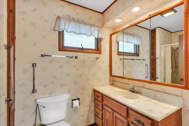 907 E Glenview Dr, Tuscola, IL 61953 - full bathroom with vanity, a shower stall, and wallpapered walls